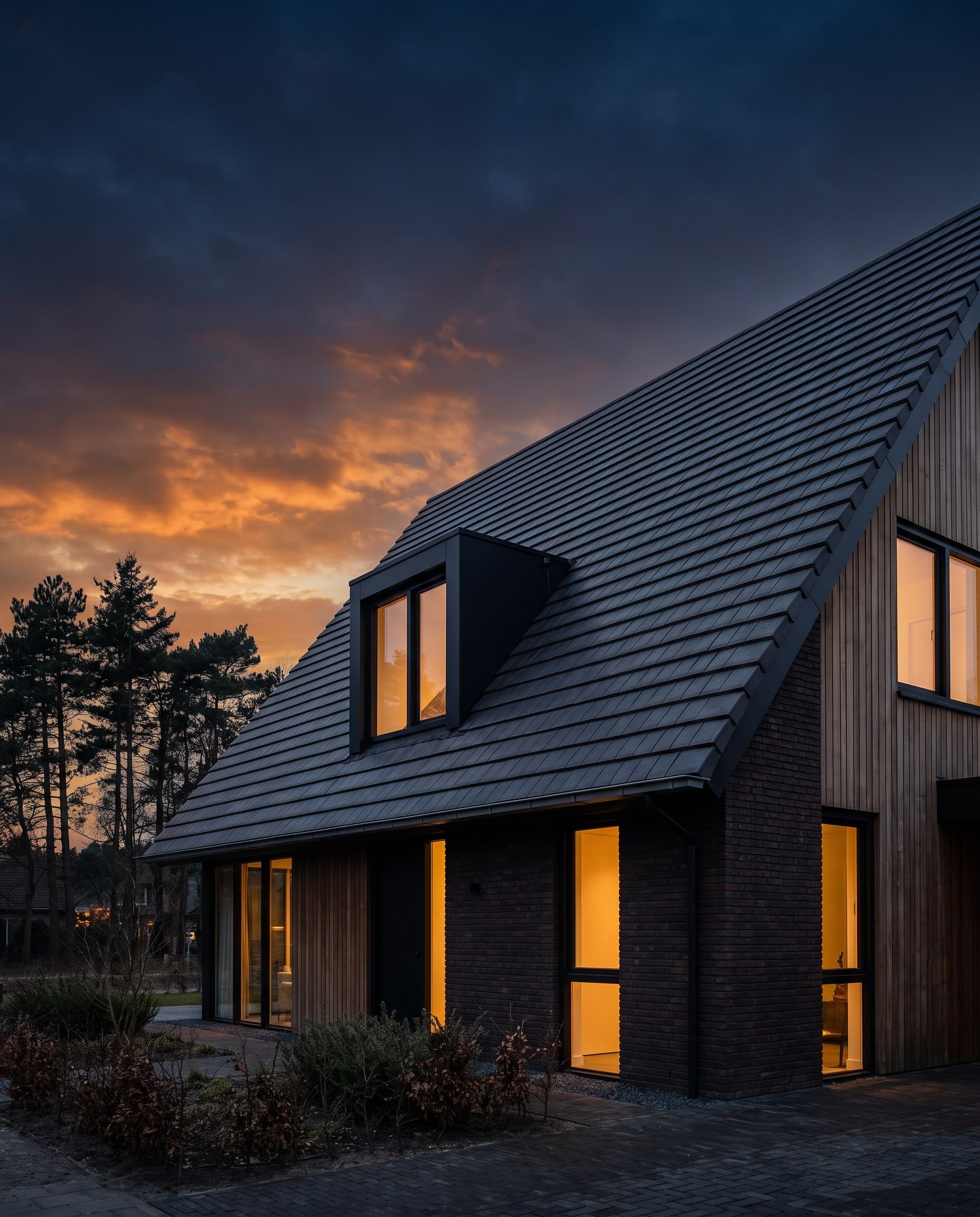 Moderne Nederlandse woning met donker pannendak bij zonsondergang